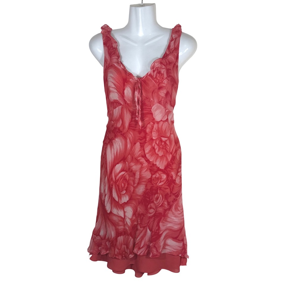 Ann Taylor Silk Floral Midi Dress Red/Coral Rose Print Ruffle V-Neck Size 6 Y2K